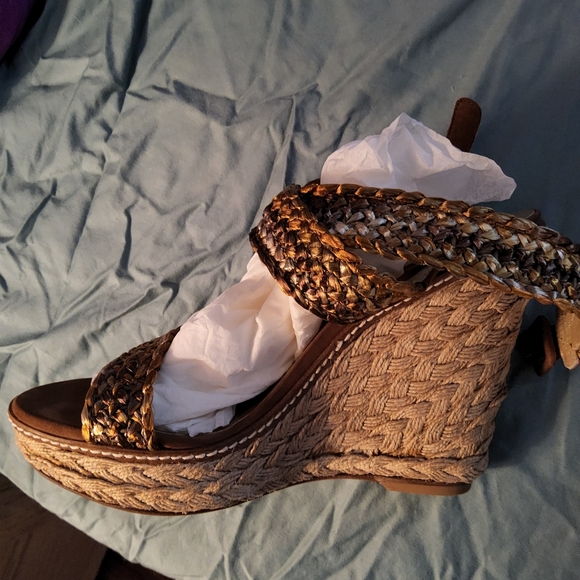 Stuart Weitzman Alex Wedge Platform Sandal 8.5 Gilt African Raffia - Picture 5 of 8